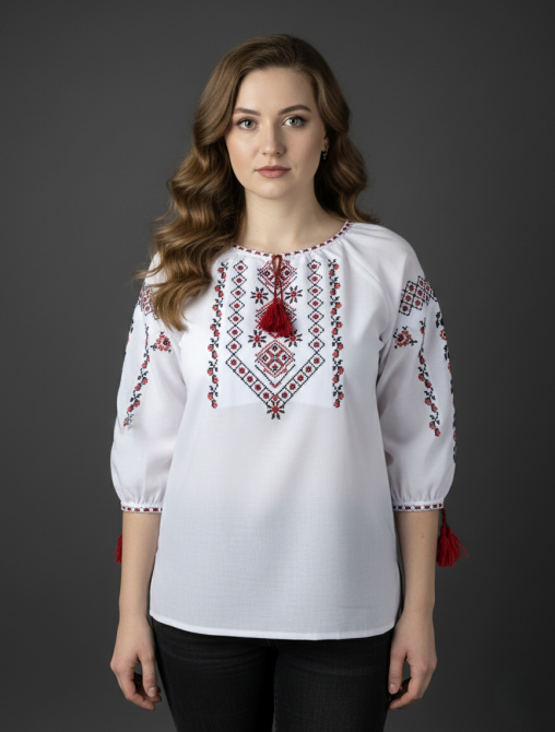 Вишиванка із домотканого полотна з геометричним орнаментом в традиційних кольорах Київ - фото 2