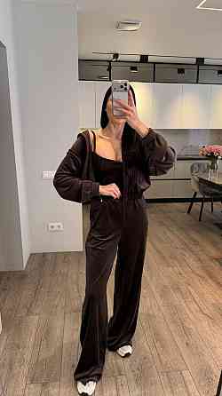 Женский стильный повседневный костюм тройка велюр плюш Шоколад, 44/46 Одесса