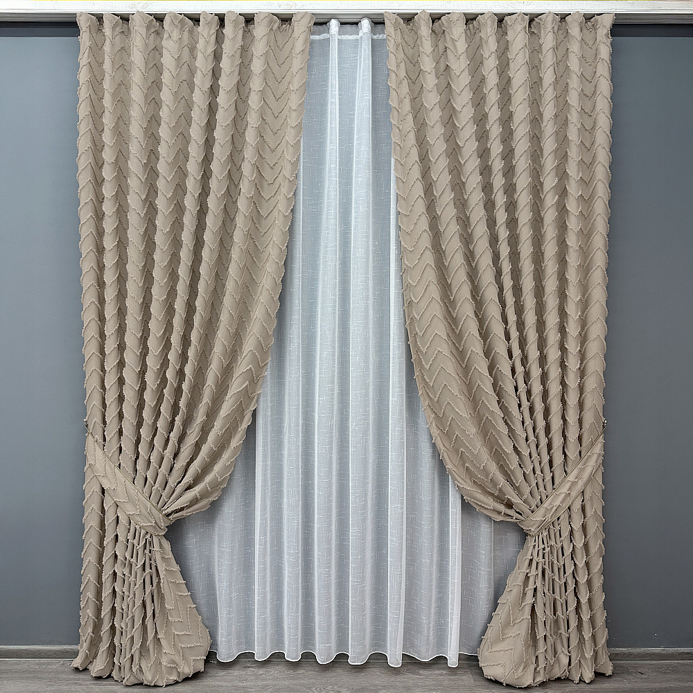 Комплект штор VR-Textil Лен Букле 150х270 2шт и Тюль 400х270 1812ш-115т Бежевый с белым 71-036/3 Киев - изображение 1