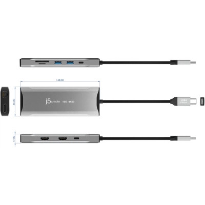 Концентратор J5create USB-C 9-in-1 2xUSB 3.2 + 2xUSB-C PD + 2xHDMI 4K + DisplayPort + SD/TF + RJ45 1000Mbps gray (JCD397-N) Винница - изображение 9