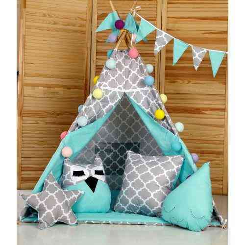 Вігвам Хатка комплект Сонце Бірюза із сірим з подушкою Київ