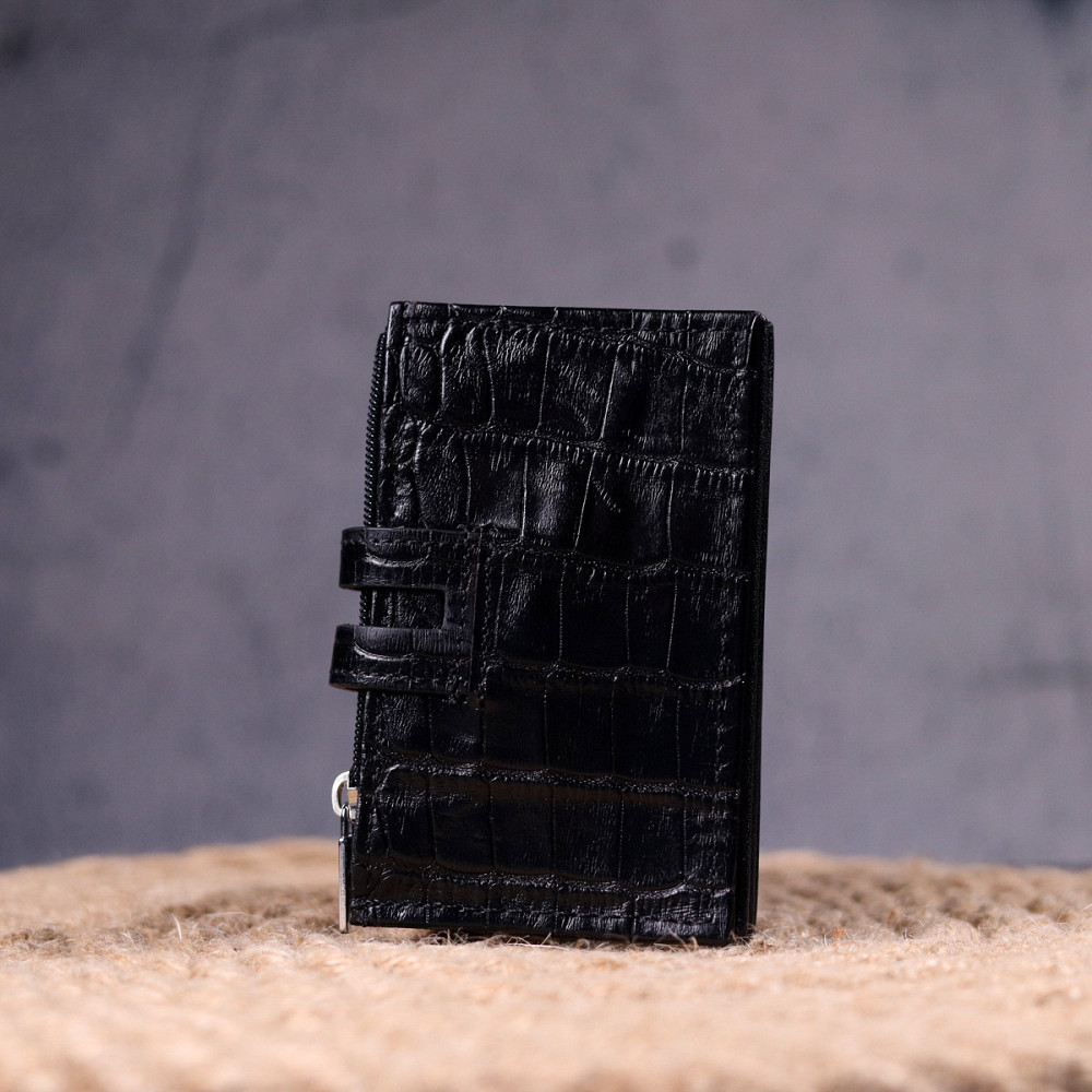 Удобный картхолдер из натуральной кожи с тиснением под крокодила KARYA 21331 Черный Киев - изображение 7