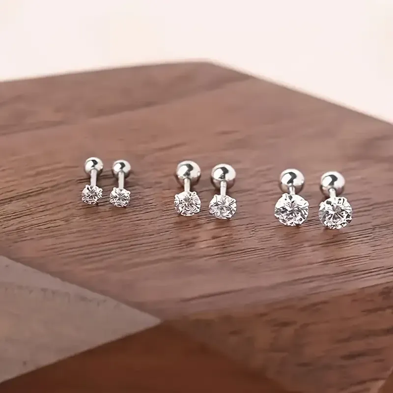 Набор серёжек-гвоздиков из циркония 3 пары – серебристые, гипоаллергенные Киев - изображение 1