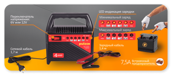 Зарядний пристрій PULSO BC-10641 6&12V/4A/10-60AHR/світлодіод. індикатор Харків