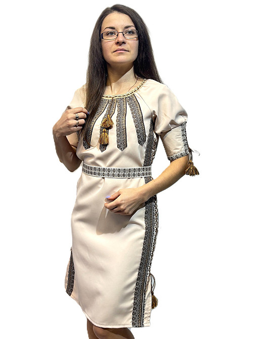 Женское вышитое традиционное платье с регулирующейся шнуровкой по бокам с коричневым орнаментом Киев - изображение 1