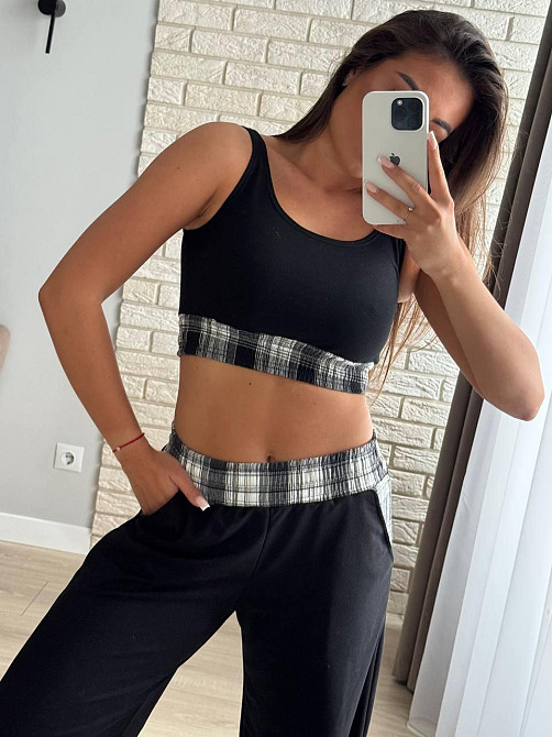 Жіночий прогулянковий костюм-трійка: сорочка в клітинку топ і штани фланель + двонитка Сірий, 46/48 Одеса - фото 5