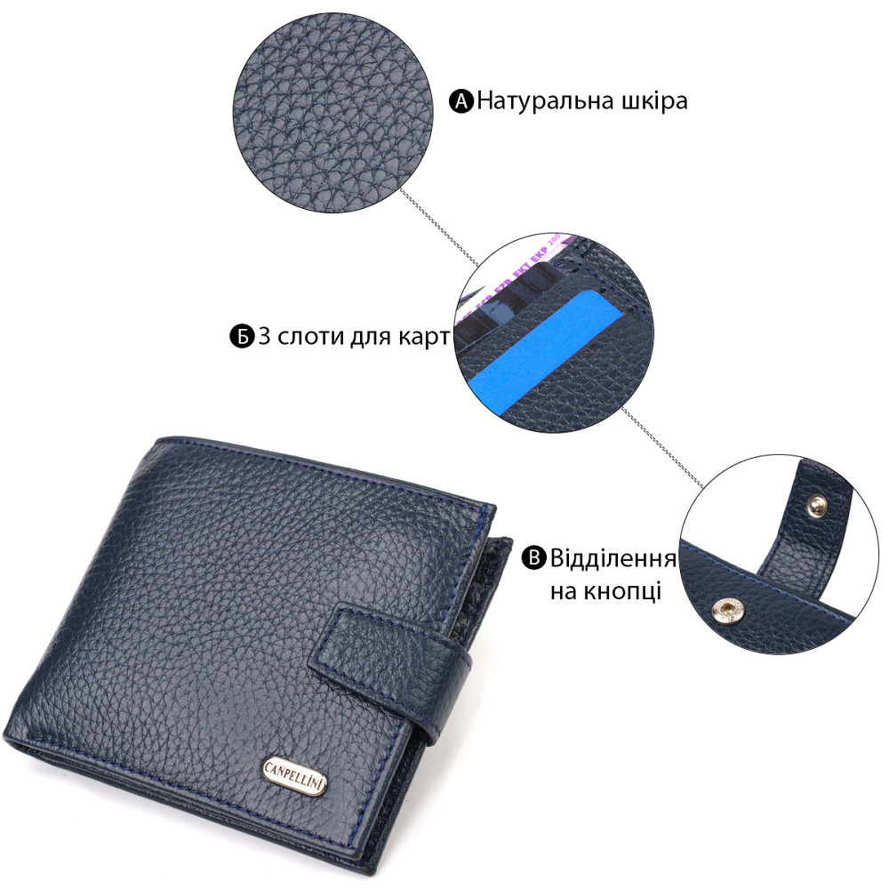 Практичний чоловічий гаманець із натуральної зернистої шкіри CANPELLINI 21879 Синій Київ - фото 4