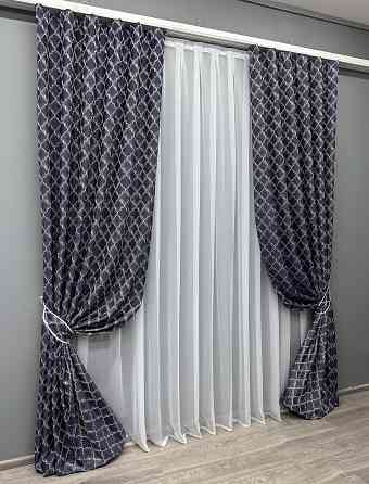 Комплект готових штор VR-Textil Жакард SAPFIR № 1751ш Темно-синій з молочним 150х300 см 2 шт (33-0715) Київ