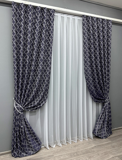 Комплект готових штор VR-Textil Жакард SAPFIR № 1751ш Темно-синій з молочним 150х300 см 2 шт (33-0715) Київ - фото 3