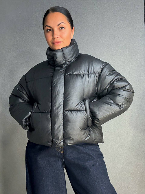 Куртка женская Haiziyuan 8606 короткая пуффер с воротником черная, черный, L Киев - изображение 7