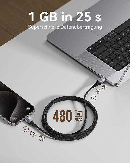 Кабель INIU USB-A→USB-C 3 шт (2м+2м+0,5м) чорний нейлоновий плетений 3.1A PD 480Mbps LED швидка зарядка Київ - фото 9