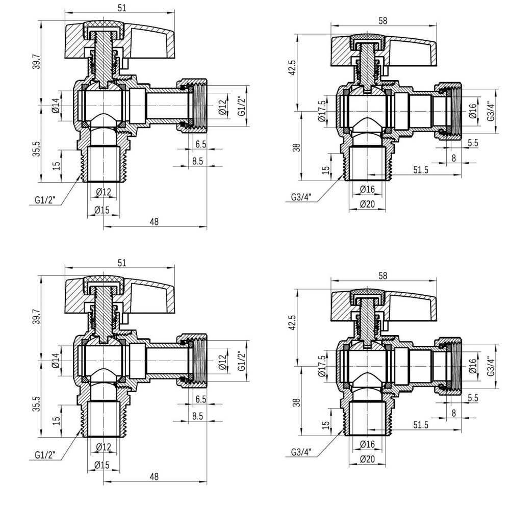 Комплект кутових кранів Thermo Alliance Standart 1/2" ВН -3/4" ВЗ з накидною гайкою для під'єднання котла TAS225RBW1520 Київ - фото 2