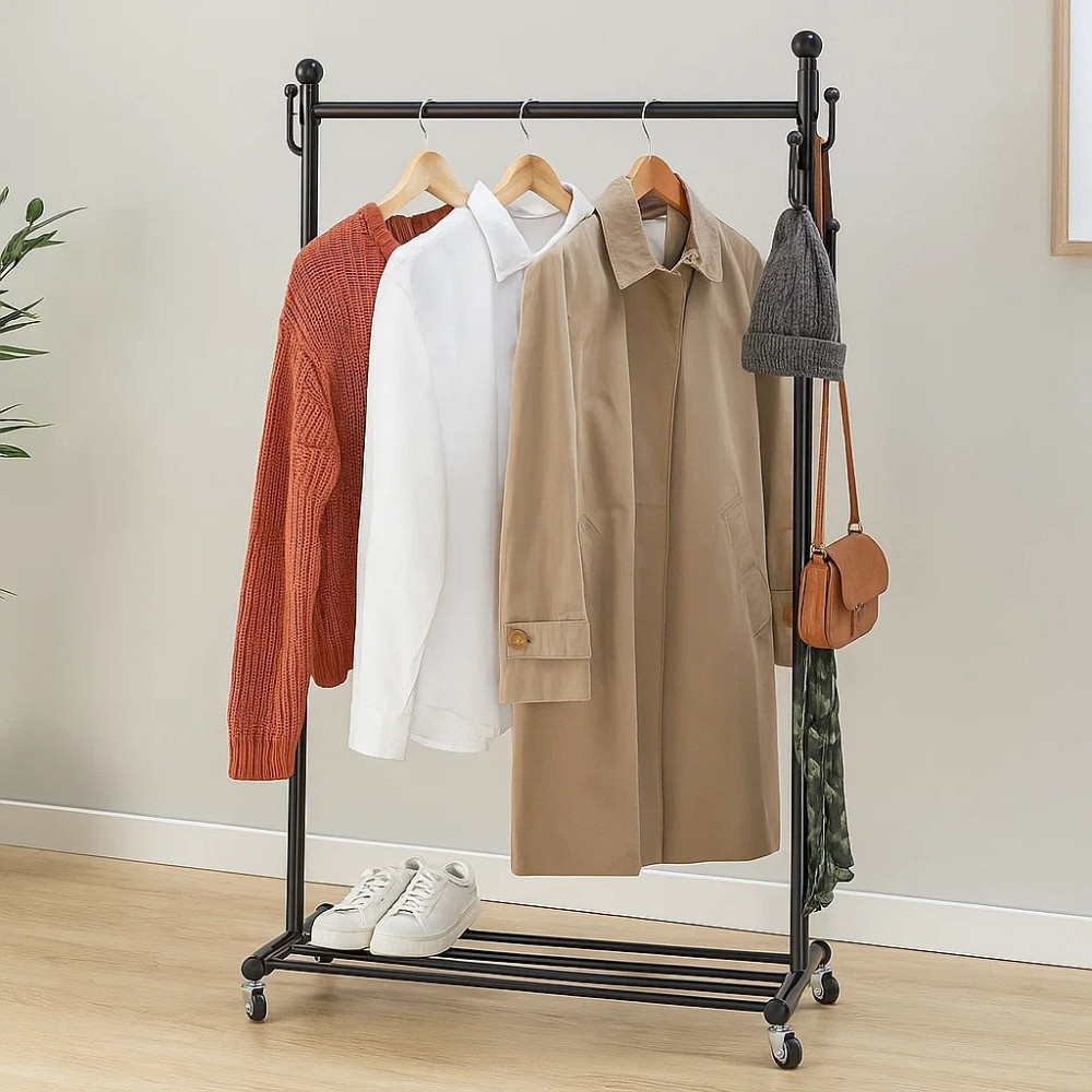 Вішалка пересувна для одягу металева зі стійкою для тремпелів і стійкою з гачками колір чорний Кам'янець-Подільський - фото 6