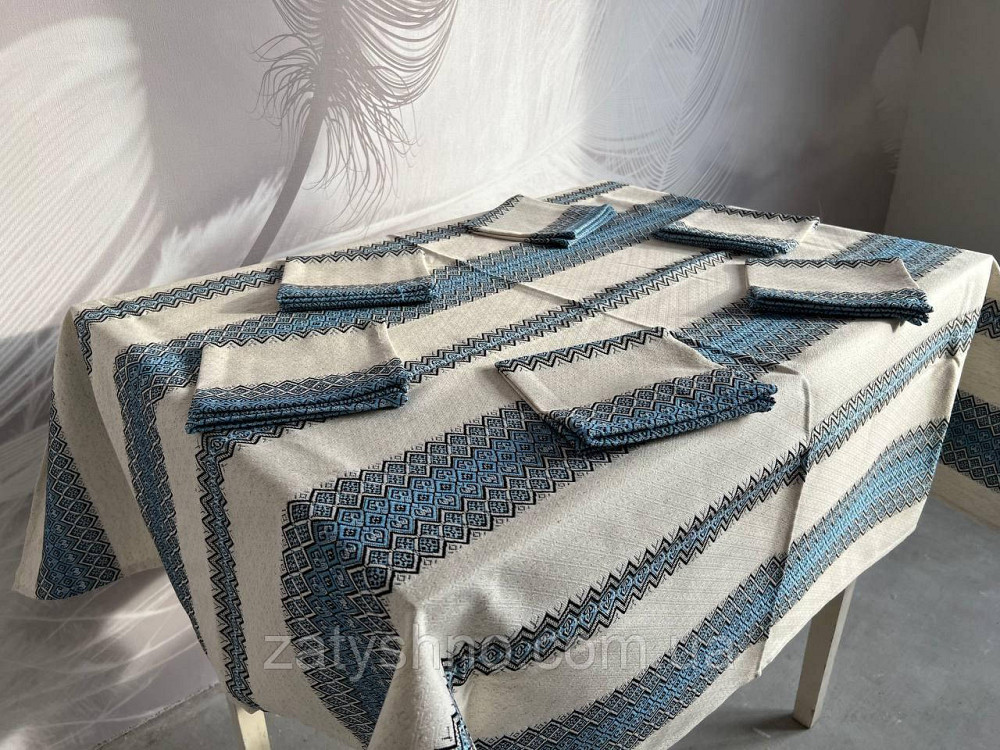 Блакитна вишита скатертина з серветками на льону Київ - фото 3