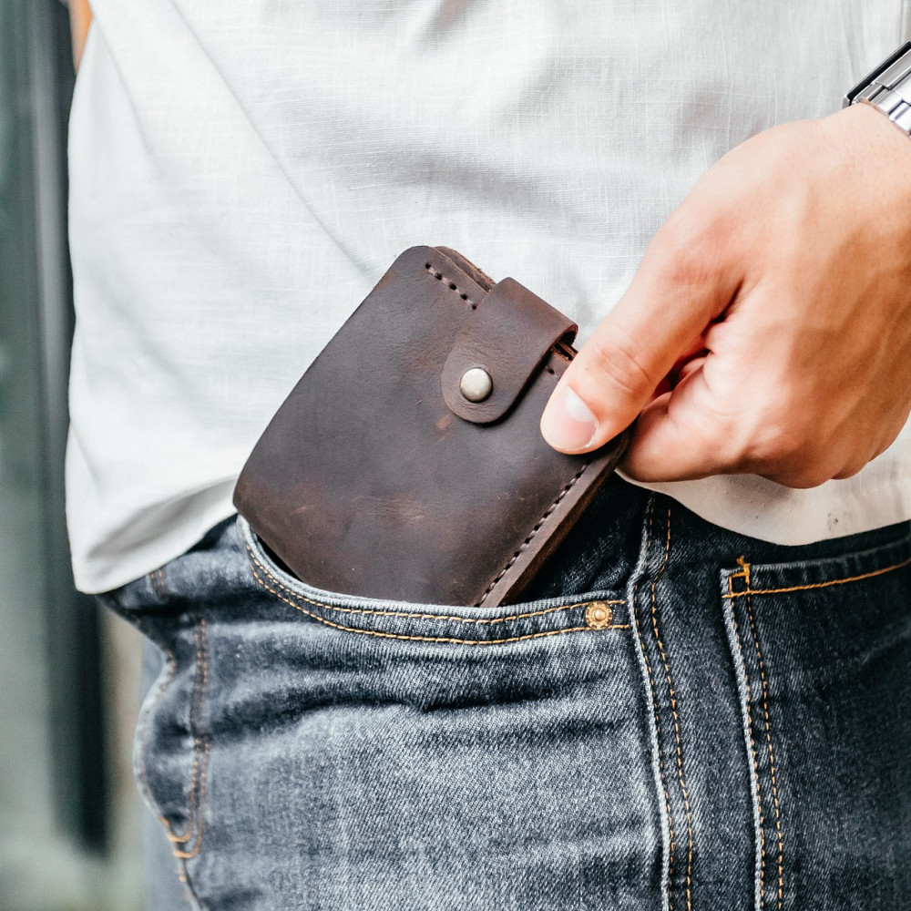 Гаманець чоловічий з натуральної шкіри Crazy Horse, місткий гаманець на кнопці, коричневийMasterSem Київ - фото 1