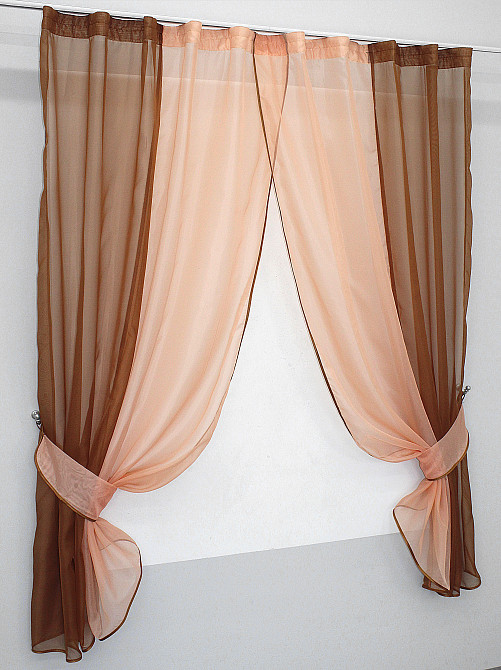 Кухонные шторы VR-Textil № 017к комбинированные с подвязками коричневый с персиковым 265х170 см (50-776) Киев - изображение 2