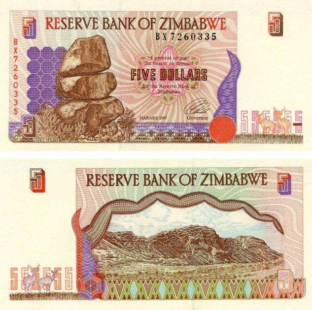 Зимбабве 5 долларов 1997 г. UNC Р-5b Полтава - изображение 1