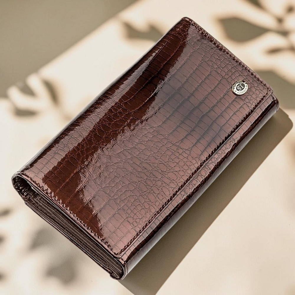 Женский лаковый кожаный кошелек с монетницей коричневый (ST Leather) Киев - изображение 18