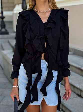 Жіноча стильна блуза "Медуза" з воланами американський креп жатка Чорний, 42/44 Одеса