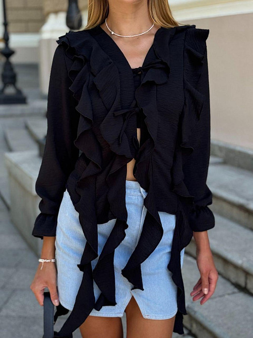 Жіноча стильна блуза "Медуза" з воланами американський креп жатка Чорний, 42/44 Одеса - фото 1