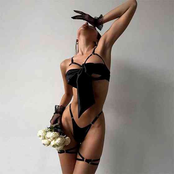 Гарний комплект із бантом і гартерами S-M-L чорний — Еротична білизна Вінниця