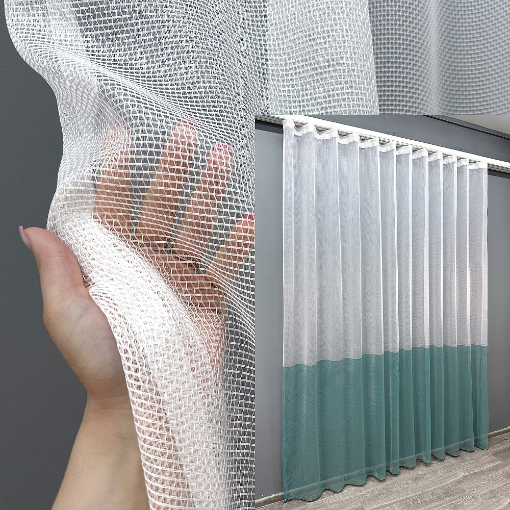 Тюль сітка льон колір білий з бірюзовим 1749т Київ - фото 1