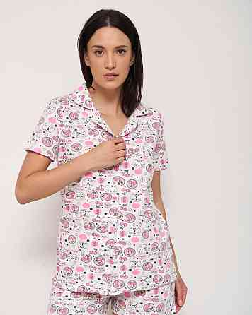 Женская пижама комплект рубашка с шортиками - коты и вишенки Nicoletta 60184 Киев