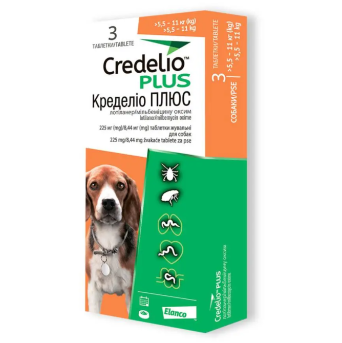 Кределіо ПЛЮС від бліх кліщів і гельмінтів №3 таблетки для собак вагою 5.5 - 11 кг Elanco Вінниця - фото 1