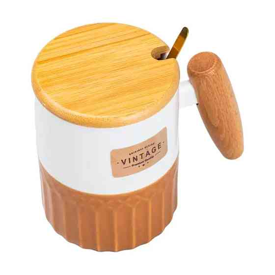 Фарфоровая чашка с бамбуковой крышкой, 400 мл, коричневая Киев