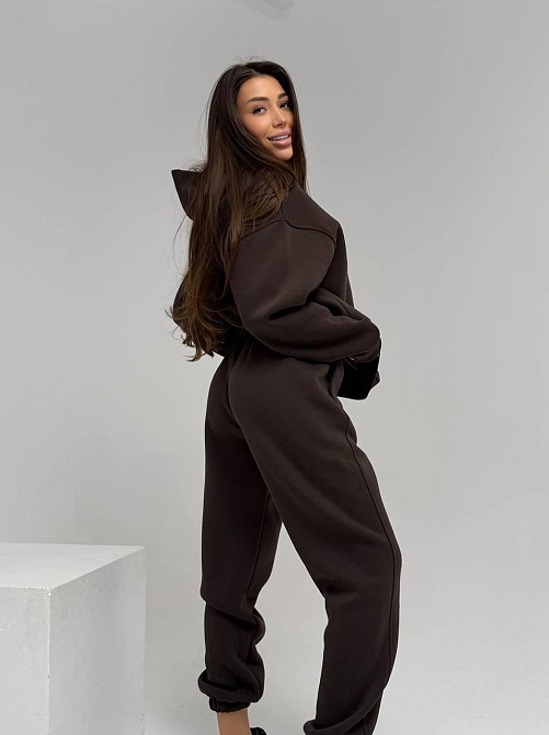 Жіночий стильний спортивний костюм-двійка: худі + штани, тринитка Пен'є на флісі турція Шоколад, 50/52 Одеса - фото 5
