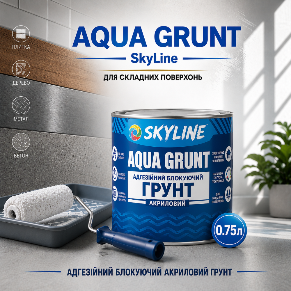 Ґрунтовка акрилова адгезійна блокувальна Skyline Aqua Grunt, біла, без запаху, для фарбованих поверхонь, 0.75 л Харків - фото 14