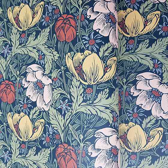 Обои флизелиновые экологически чистые Rasch Salisbury 0.53х10 цветы яркие красные желтые беж на темно синем Киев