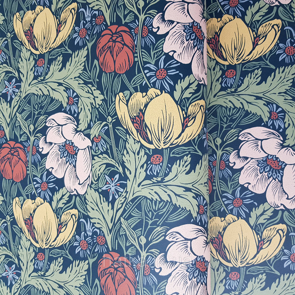 Обои флизелиновые экологически чистые Rasch Salisbury 0.53х10 цветы яркие красные желтые беж на темно синем Киев - изображение 1