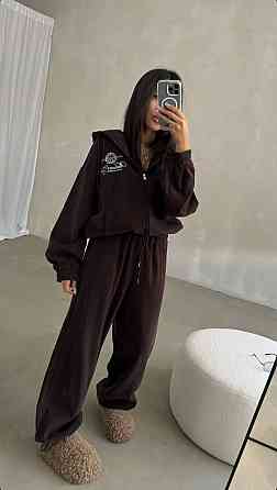 Женский теплый костюм двойка: кофта и штаны свободного кроя трехнитка на флисе Шоколадный, 46/48 Одесса