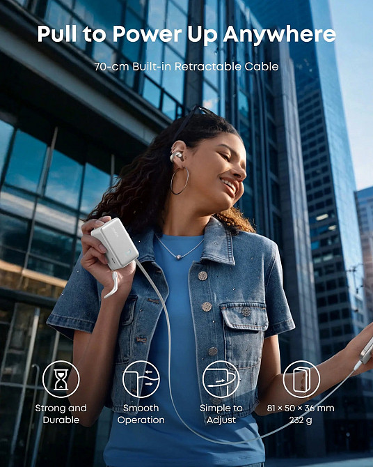 Портативний зарядний пристрій Anker Nano - 10000 mAh 45W Built-In USB-C Cable White (7198078) Київ - фото 3