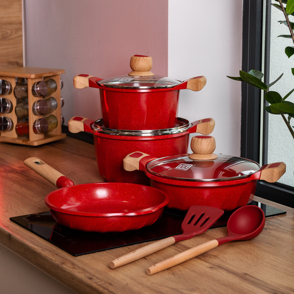 Набір посуду, 3 каструлі, товстодонне алюмінієве дно MGC з лопаткою та ополоником, червоний HP-4-401R Київ - фото 4
