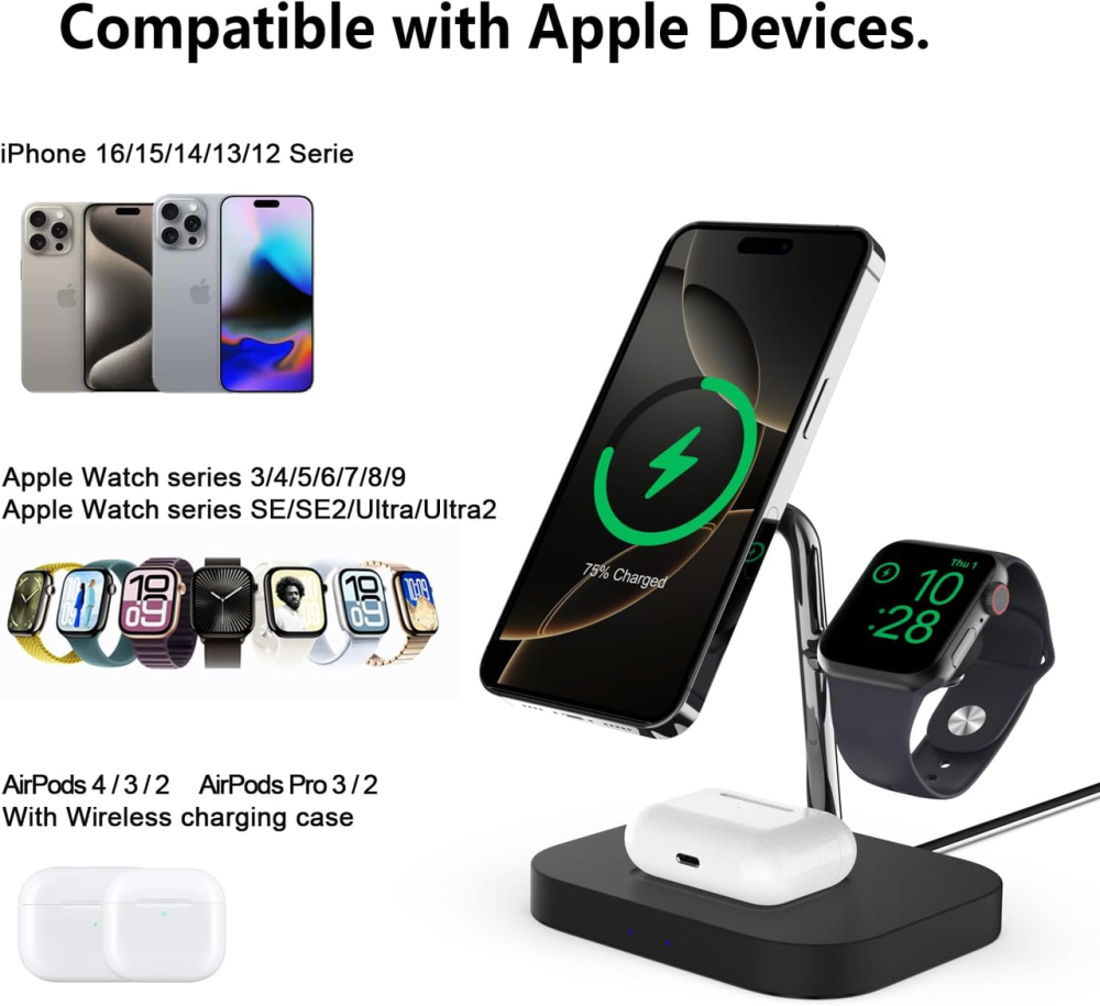 Зарядна станція Boaraino 3 в 1, магнітна бездротова зарядка для iPhone, Apple Watch та AirPods, 18 Вт, чорна Київ - фото 5