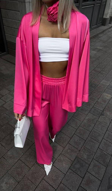 Жіночий базовий костюм-двійка: кімоно та штани атлас Малиновий Одеса - фото 1