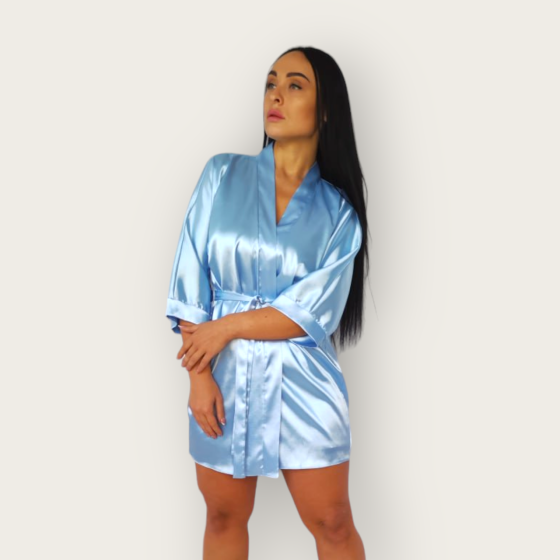 Халат женский атласный под пояс длина 90см Голубой XL/2XL Харьков
