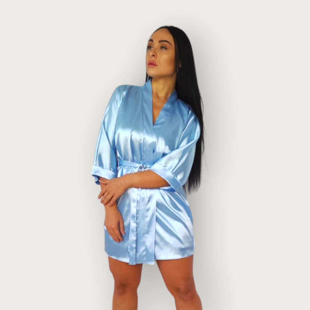 Халат женский атласный под пояс длина 90см Голубой XL/2XL Харьков - изображение 1