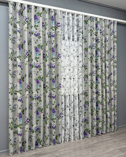 Комплект штор VR-Textil Лен Прованс 200х270 2шт и Тюль 500х270 2084ш-1681т Светло-серый с фиолетовым и белым 71-208/6 Киев - изображение 3