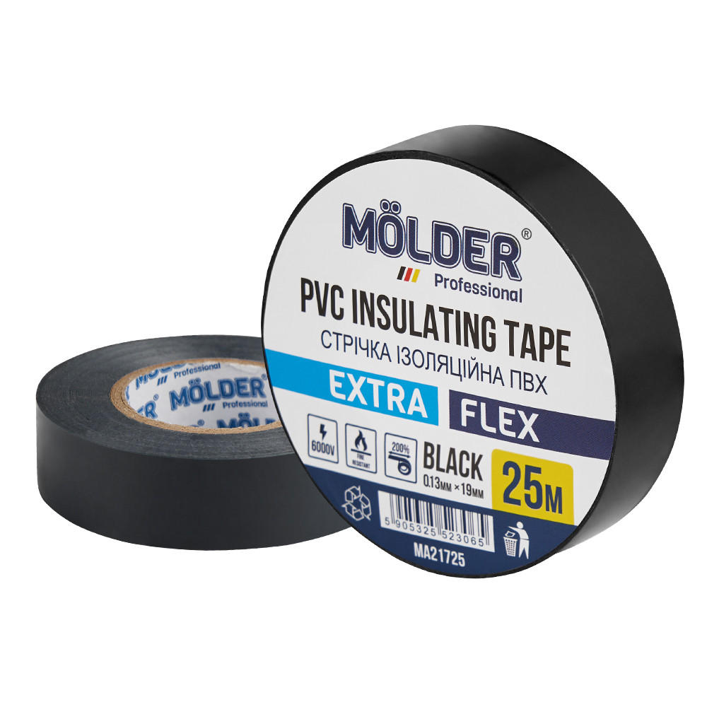 Лента изоляционная ПВХ Molder 0,13x19мм 25м черная, профессиональная, огнеупорная Львов - изображение 1