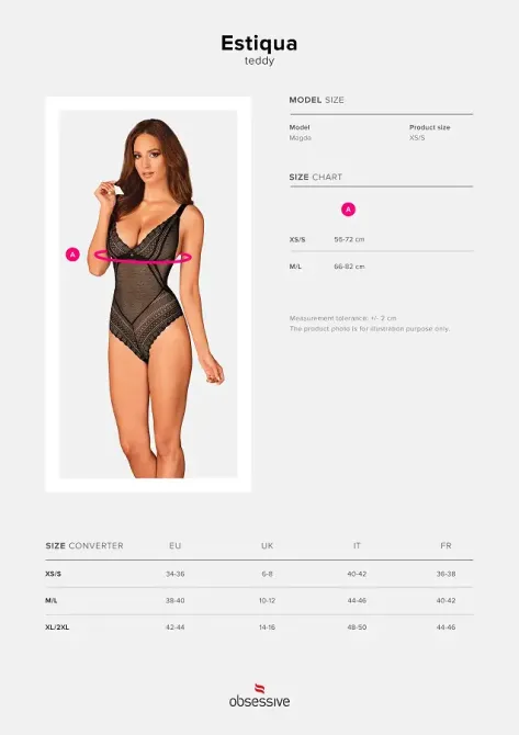 Мереживне боді з декольте Obsessive Estiqua teddy M/L, чорне, широкі лямки Львов - изображение 7
