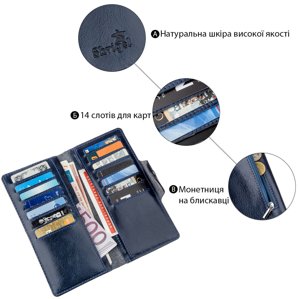 Гаманець унісекс вертикальний зі шкіри Алькор на кнопках SHVIGEL 16174 Синій Київ - фото 4