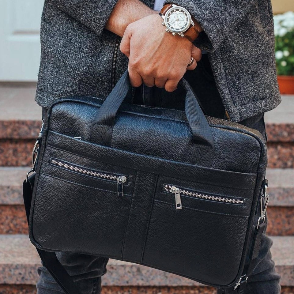 Чорна шкіряна чоловіча сумка для ноутбука та документів Київ - фото 4