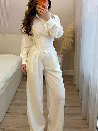 Жіночий стильний трендовий повсякденний костюм льон жатка Молочний, 42/46 Одеса