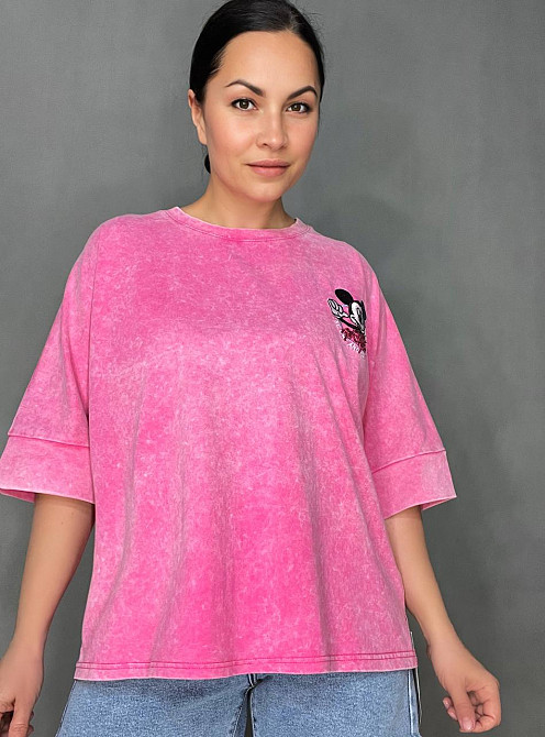 Футболка женская A-N 26030 вареная тай-дай оверсайз с вышивкой Mickey Mouse, розовый, one size Киев - изображение 15