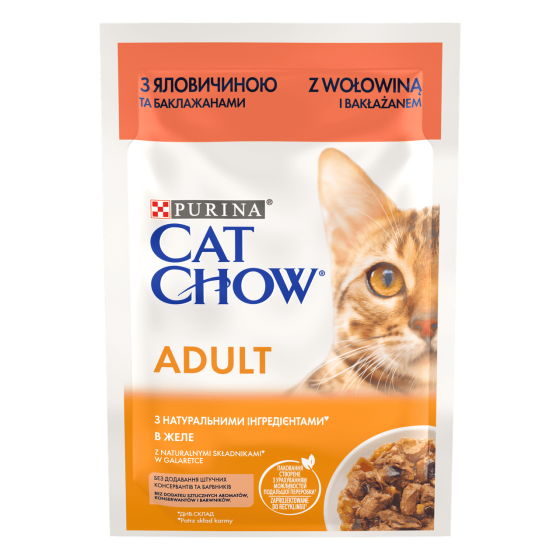 Вологий корм Cat Chow Adult для дорослих кішок з яловичиною та баклажанами, ніжні шматочки в желе, 85 г Вінниця