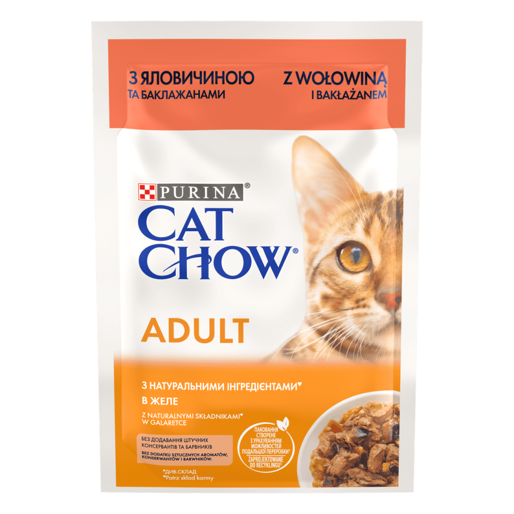 Влажный корм Cat Chow Adult для взрослых кошек с говядиной и баклажанами, нежные кусочки в желе, 85 г Винница - изображение 1