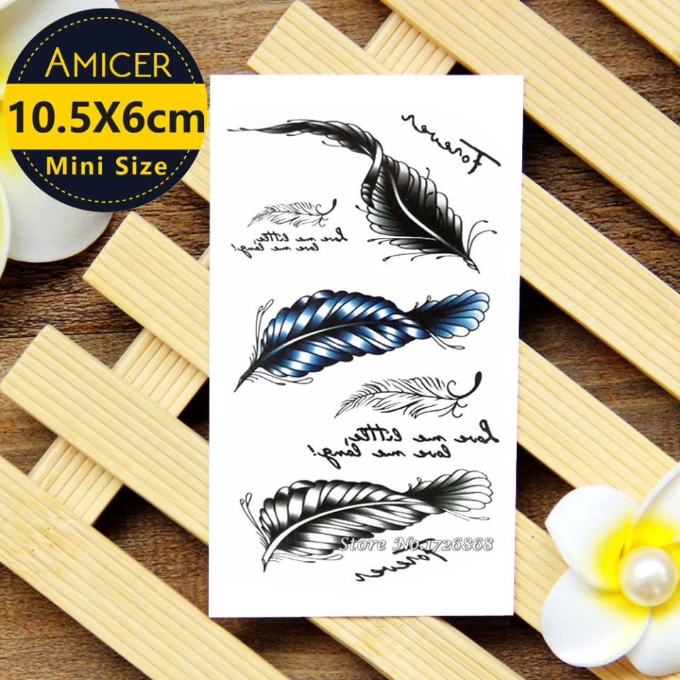 Тату наклейки Написи і пір'ячко 105 на 60 мм чорно-синій Київ - фото 2